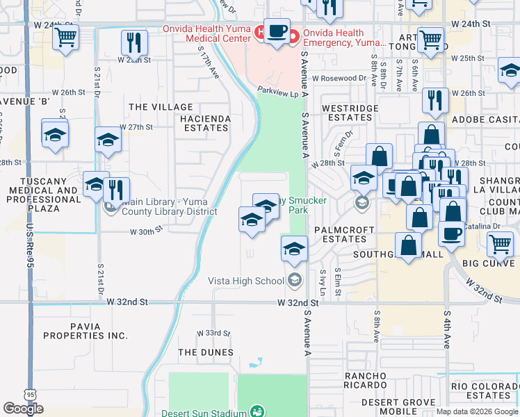 map of restaurants, bars, coffee shops, grocery stores, and more near 3100 South Avenue A in Yuma