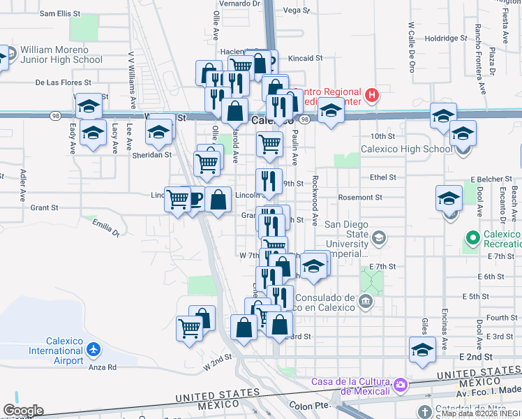map of restaurants, bars, coffee shops, grocery stores, and more near 809 Emerson Avenue in Calexico