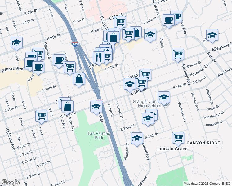 map of restaurants, bars, coffee shops, grocery stores, and more near 1644 Prospect Street in National City