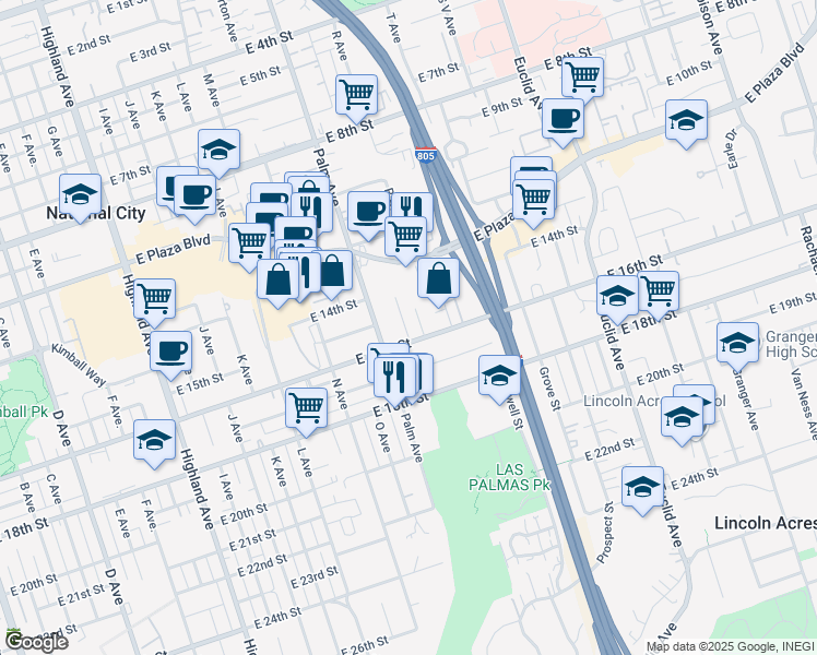 map of restaurants, bars, coffee shops, grocery stores, and more near 1537 Q Avenue in National City