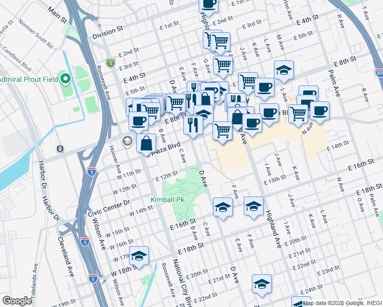 map of restaurants, bars, coffee shops, grocery stores, and more near 1038 D Avenue in National City