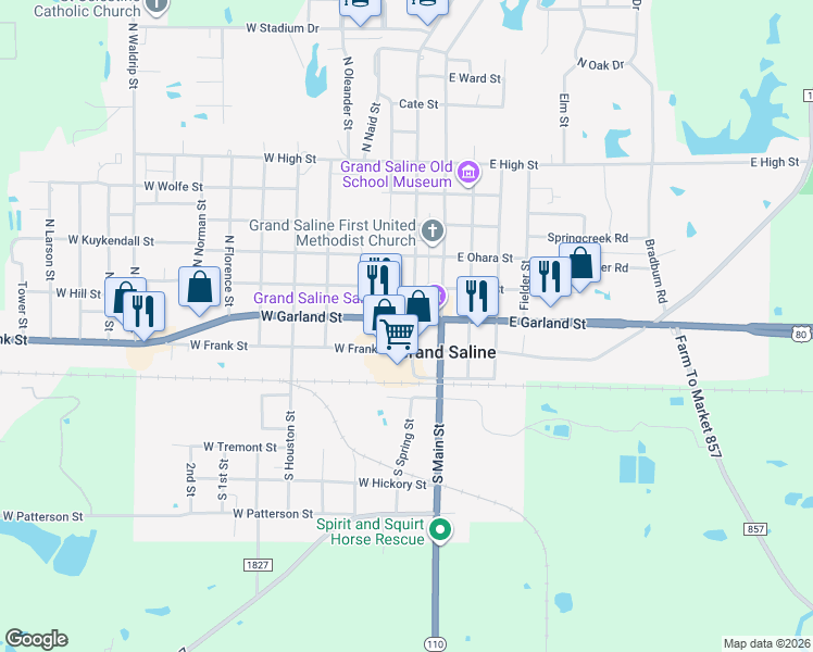 map of restaurants, bars, coffee shops, grocery stores, and more near 101-199 West Garland Street in Grand Saline