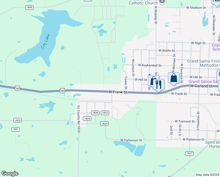 map of restaurants, bars, coffee shops, grocery stores, and more near 1610 West Frank Street in Grand Saline