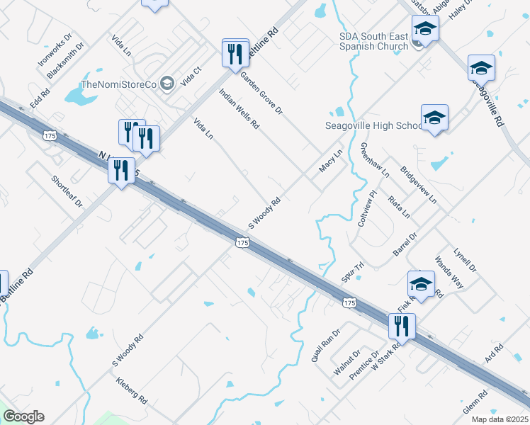 map of restaurants, bars, coffee shops, grocery stores, and more near 1627 South Woody Road in Dallas