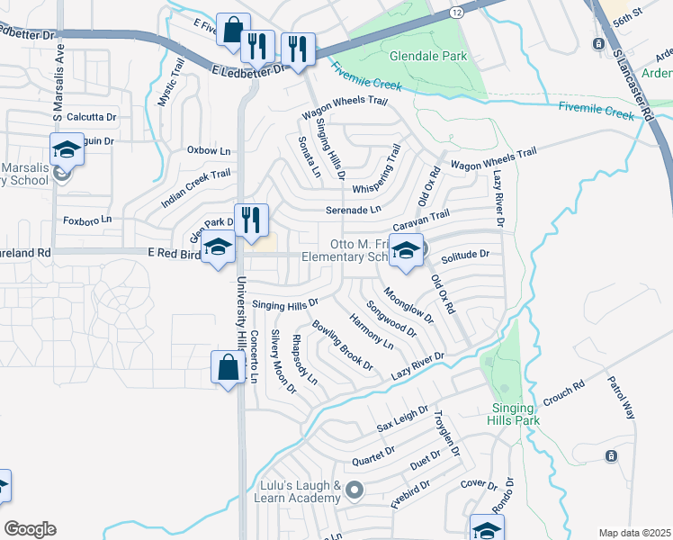 map of restaurants, bars, coffee shops, grocery stores, and more near 6011 Singing Hills Drive in Dallas