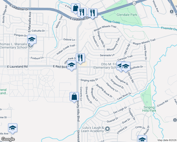 map of restaurants, bars, coffee shops, grocery stores, and more near 6009 Sunny Crest Lane in Dallas