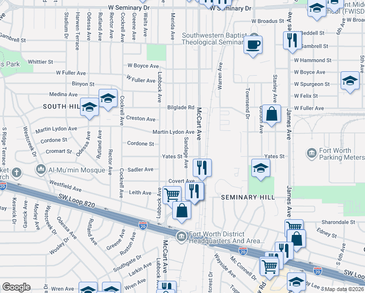 map of restaurants, bars, coffee shops, grocery stores, and more near 4920 Sandage Avenue in Fort Worth