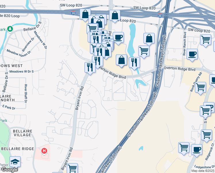 map of restaurants, bars, coffee shops, grocery stores, and more near 5761 Remington Circle in Fort Worth