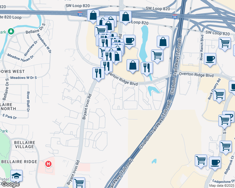 map of restaurants, bars, coffee shops, grocery stores, and more near 5701 Overton Ridge Boulevard in Fort Worth