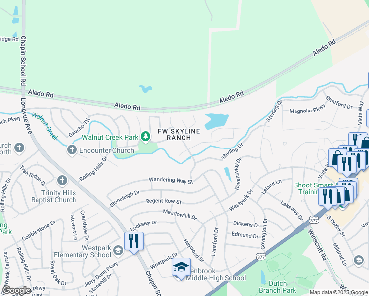 map of restaurants, bars, coffee shops, grocery stores, and more near 9800 Rio Frio Trail in Fort Worth