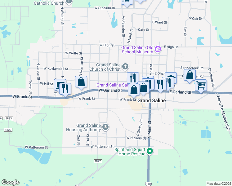 map of restaurants, bars, coffee shops, grocery stores, and more near 502 West Garland Street in Grand Saline