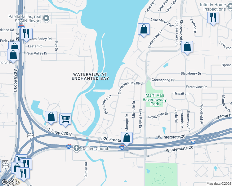 map of restaurants, bars, coffee shops, grocery stores, and more near 7701 Pirate Point Circle in Arlington
