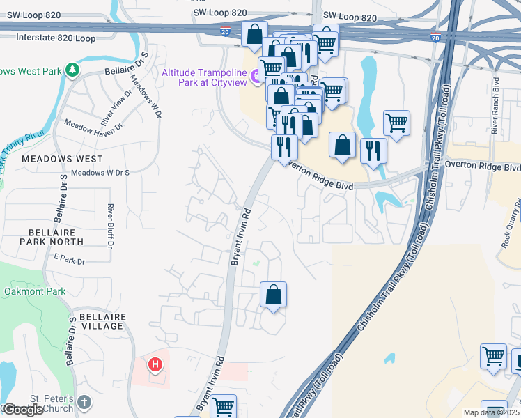 map of restaurants, bars, coffee shops, grocery stores, and more near 5155 Bryant Irvin Road in Fort Worth
