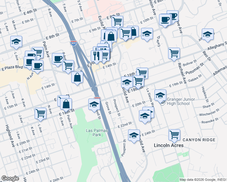map of restaurants, bars, coffee shops, grocery stores, and more near 1644 Prospect Street in National City
