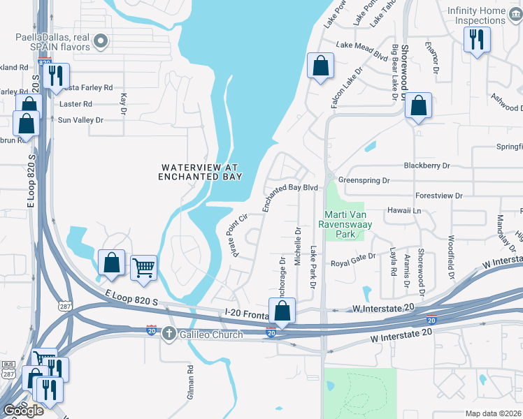 map of restaurants, bars, coffee shops, grocery stores, and more near 7701 Pirate Point Circle in Arlington