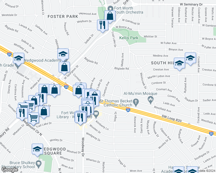 map of restaurants, bars, coffee shops, grocery stores, and more near 4845 Overton Avenue in Fort Worth