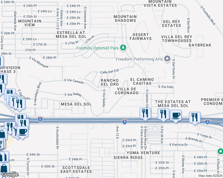 map of restaurants, bars, coffee shops, grocery stores, and more near 10673 Calle Raquel in Yuma