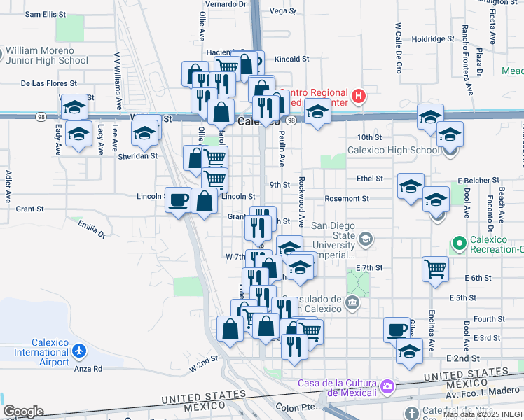 map of restaurants, bars, coffee shops, grocery stores, and more near 814 Imperial Avenue in Calexico