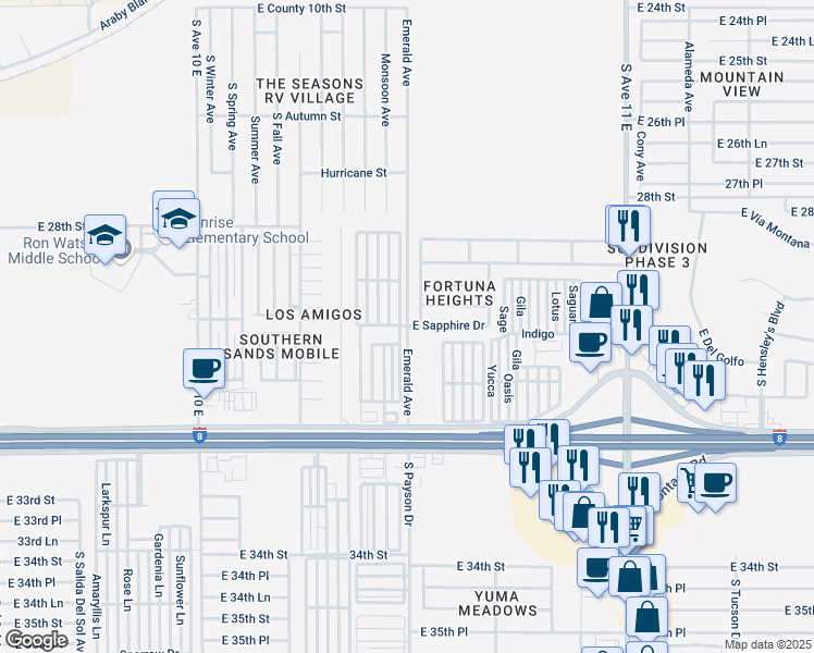 map of restaurants, bars, coffee shops, grocery stores, and more near 10426 South Avenue 10 1/2 East in Yuma