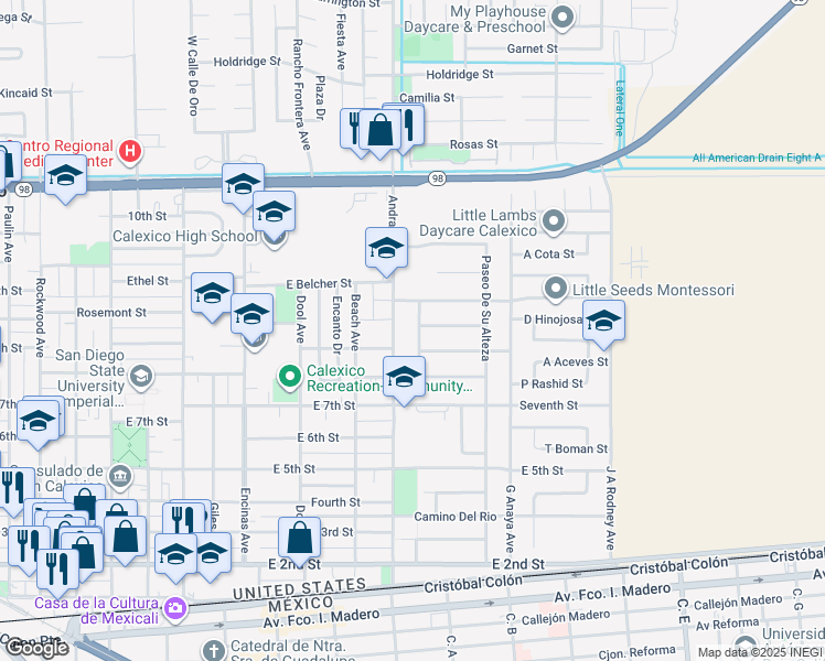 map of restaurants, bars, coffee shops, grocery stores, and more near 813 Paseo De Los Virreyes in Calexico