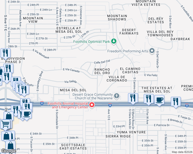map of restaurants, bars, coffee shops, grocery stores, and more near 11795 Calle Gaudi in Yuma