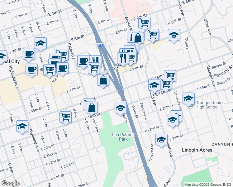 map of restaurants, bars, coffee shops, grocery stores, and more near 1948 East 16th Street in National City