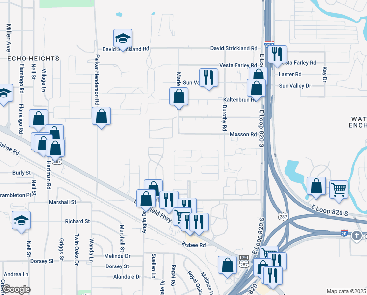 map of restaurants, bars, coffee shops, grocery stores, and more near 5007 Redwood Drive North in Fort Worth
