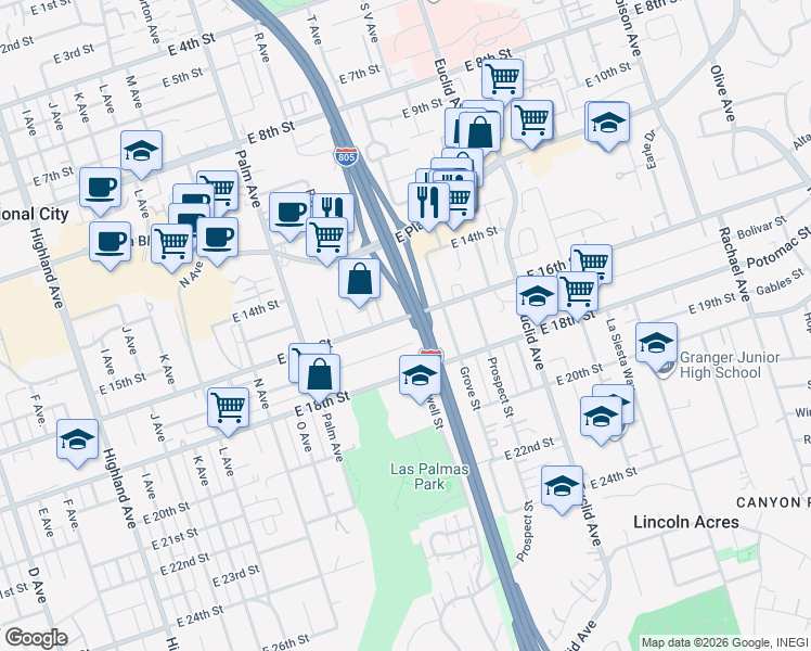map of restaurants, bars, coffee shops, grocery stores, and more near 1948 East 16th Street in National City