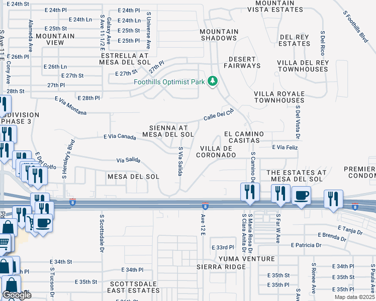 map of restaurants, bars, coffee shops, grocery stores, and more near 10676 Calle Raquel in Yuma