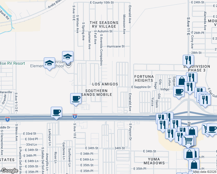 map of restaurants, bars, coffee shops, grocery stores, and more near 10349 East Compadre Lane in Yuma