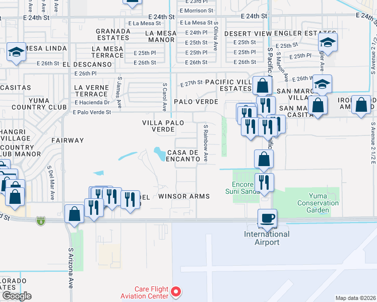map of restaurants, bars, coffee shops, grocery stores, and more near 1431 East Pebble Beach Drive in Yuma