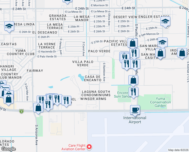 map of restaurants, bars, coffee shops, grocery stores, and more near 1431 East Pebble Beach Drive in Yuma