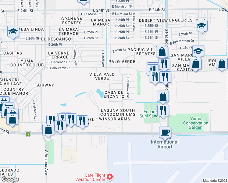 map of restaurants, bars, coffee shops, grocery stores, and more near 1431 East Pebble Beach Drive in Yuma