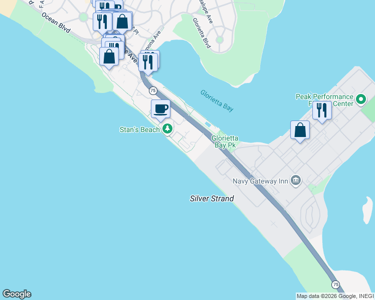 map of restaurants, bars, coffee shops, grocery stores, and more near 1830 Avenida Del Mundo in Coronado