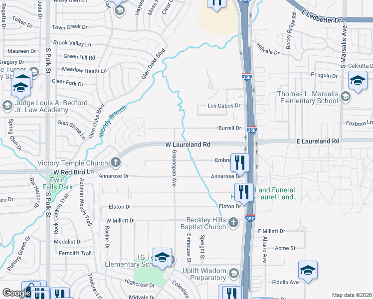 map of restaurants, bars, coffee shops, grocery stores, and more near 414 West Laureland Road in Dallas