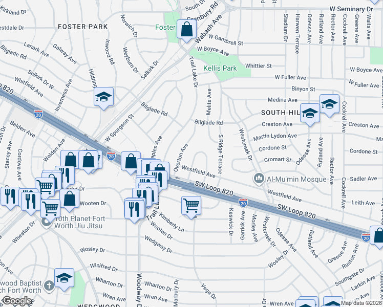 map of restaurants, bars, coffee shops, grocery stores, and more near 4908 Vega Court West in Fort Worth
