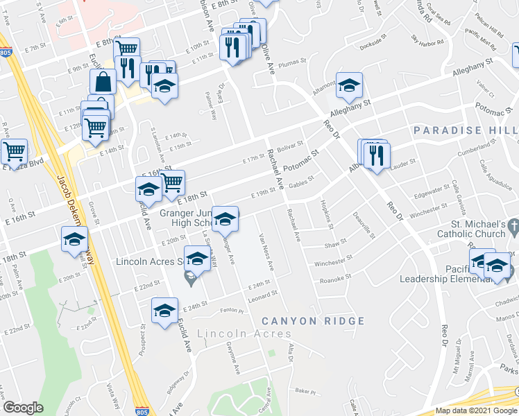 map of restaurants, bars, coffee shops, grocery stores, and more near 3015 East 20th Street in National City