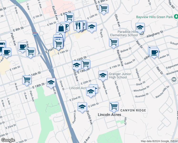 map of restaurants, bars, coffee shops, grocery stores, and more near 1815 South Lanoitan Avenue in National City