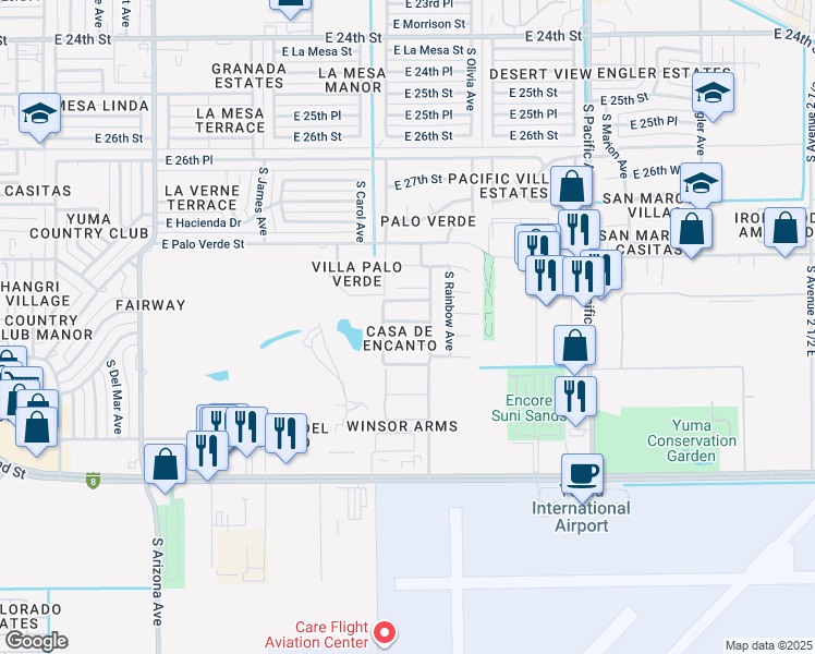 map of restaurants, bars, coffee shops, grocery stores, and more near 1431 East Pebble Beach Drive in Yuma