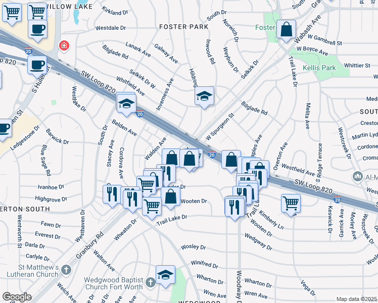 map of restaurants, bars, coffee shops, grocery stores, and more near 5001 Granbury Road in Fort Worth