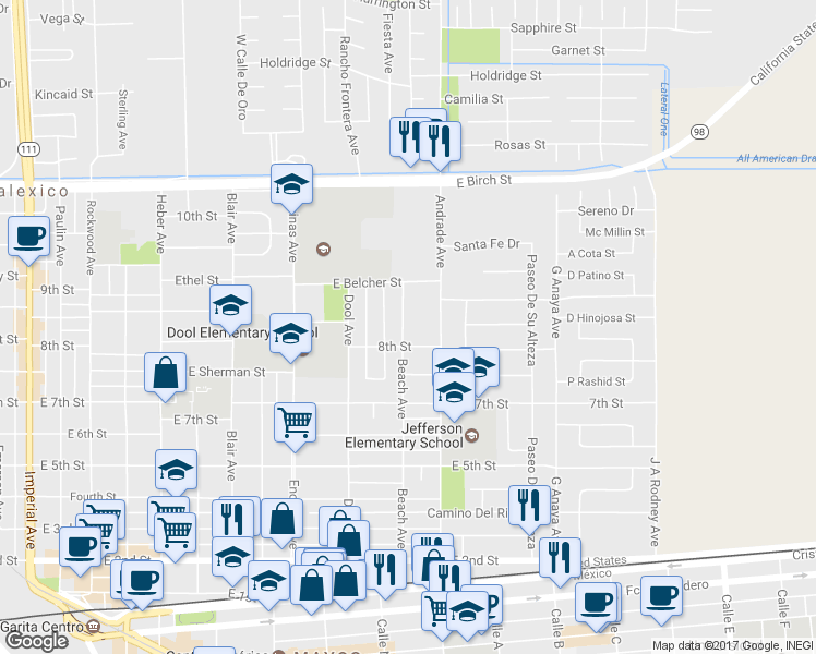 map of restaurants, bars, coffee shops, grocery stores, and more near 816 Beach Avenue in Calexico