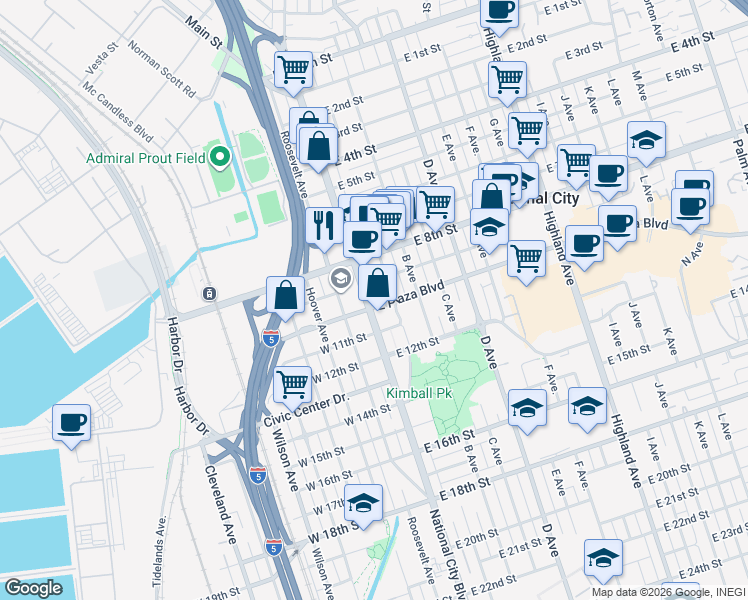 map of restaurants, bars, coffee shops, grocery stores, and more near in National City