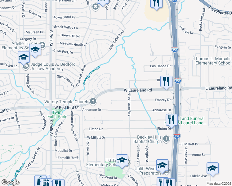 map of restaurants, bars, coffee shops, grocery stores, and more near 546 West Laureland Road in Dallas