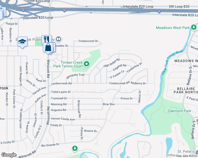 map of restaurants, bars, coffee shops, grocery stores, and more near 1020 Edgewood Trail in Benbrook