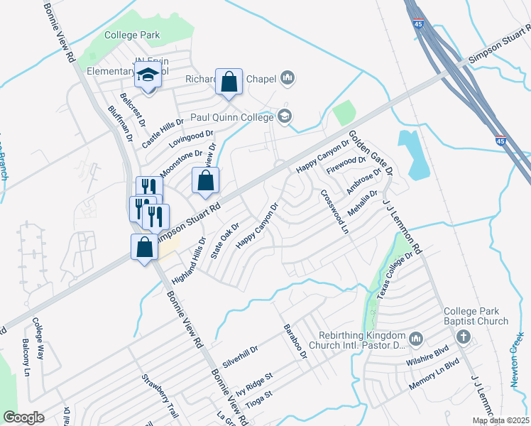 map of restaurants, bars, coffee shops, grocery stores, and more near 3871 Happy Canyon Drive in Dallas