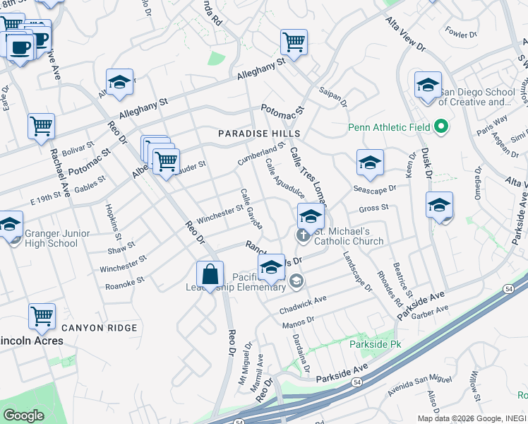 map of restaurants, bars, coffee shops, grocery stores, and more near 2528 Calle Serena in San Diego
