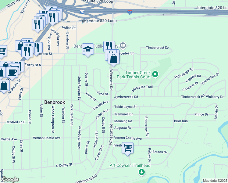 map of restaurants, bars, coffee shops, grocery stores, and more near 1016 Poplar Street in Benbrook