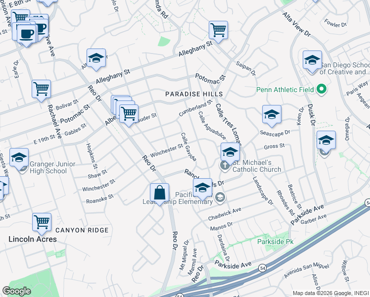 map of restaurants, bars, coffee shops, grocery stores, and more near 2510 Calle Gaviota in San Diego