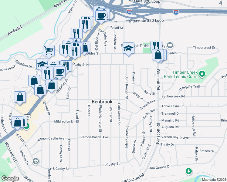 map of restaurants, bars, coffee shops, grocery stores, and more near 1028 Warden Street in Benbrook