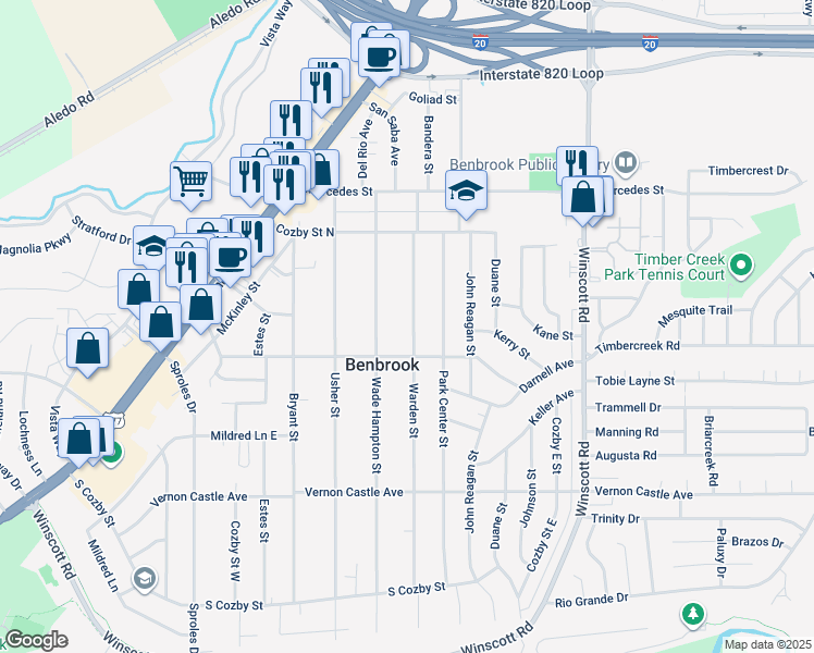 map of restaurants, bars, coffee shops, grocery stores, and more near 1028 Warden Street in Benbrook